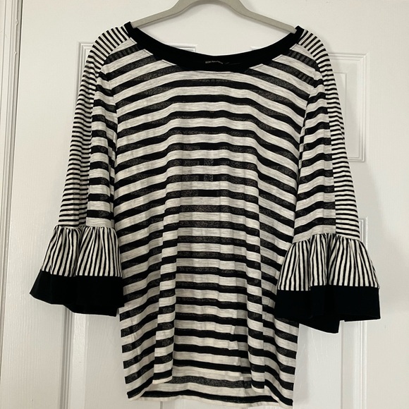 Kobi Halperin Size L  Black White Stripped Finn Top 3/4 Bell Sleeve Sheer - Picture 2 of 7